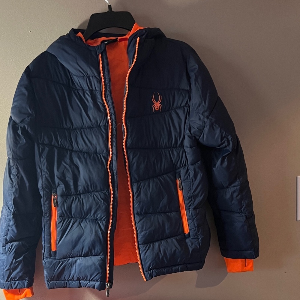 Spyder Boys Navy Blue and Bright Orange Puffer Jacket - Picture 2 of 7